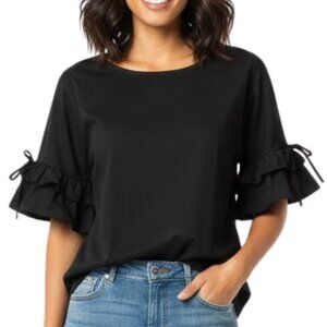 Belle + Sky Black Tiered Ruffle Flounce Sleeve Top XL Tie Detail